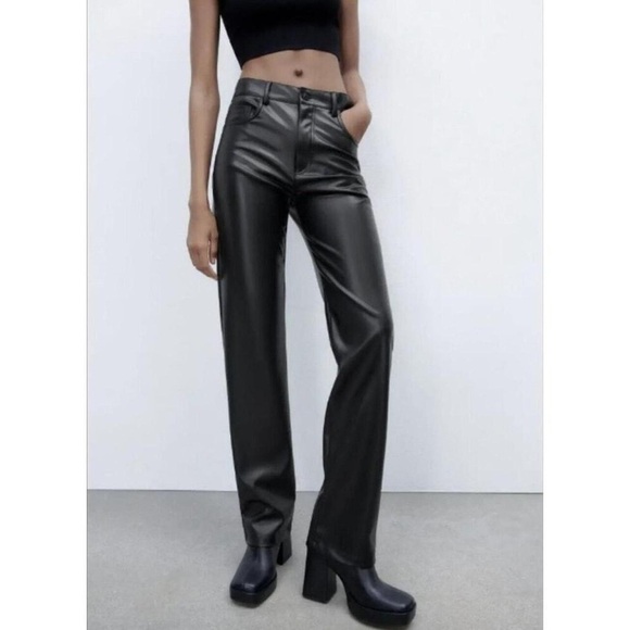 Zara Pants - Zara Wide Leg Faux Leather Pants Black High Rise Vegan Leather Size 0